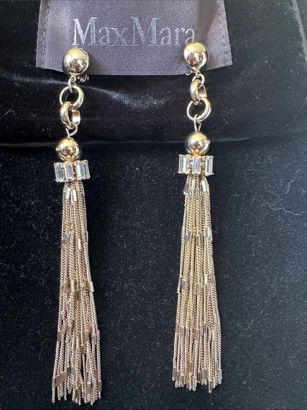 MaxMara Gold Tassel Chain/ Crystal Drop Earrings